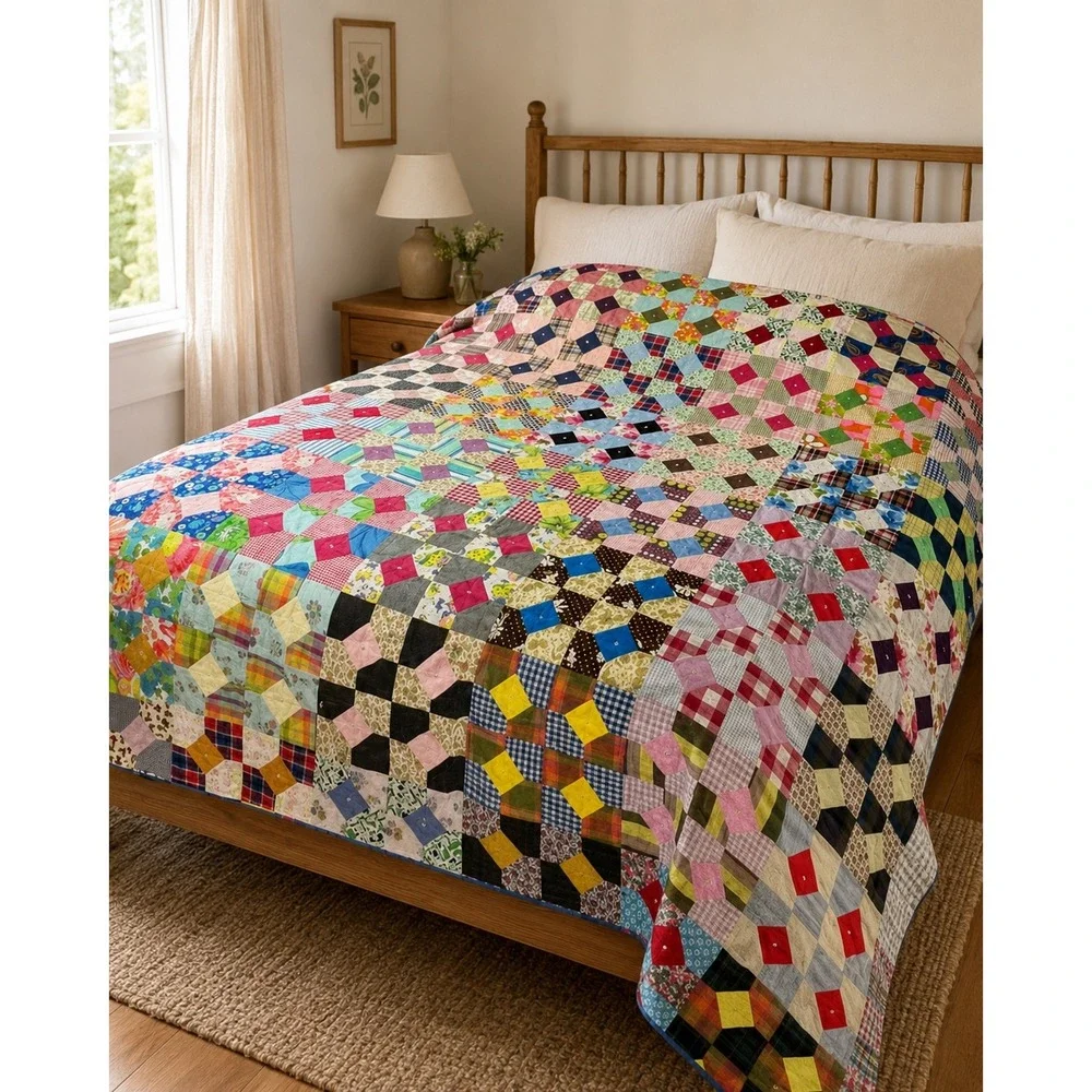 Vintage Handmade Bow Tie Patchwork Quilt Full Bed Scrappy Multicolor 88x78